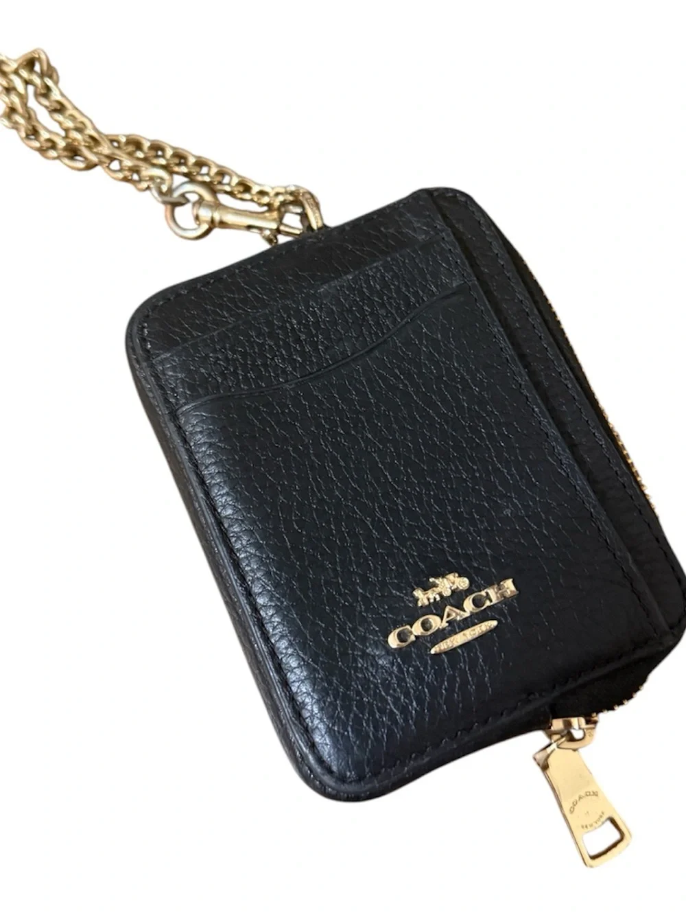 Coach Black Leather Zip Card Case with Gold Chain